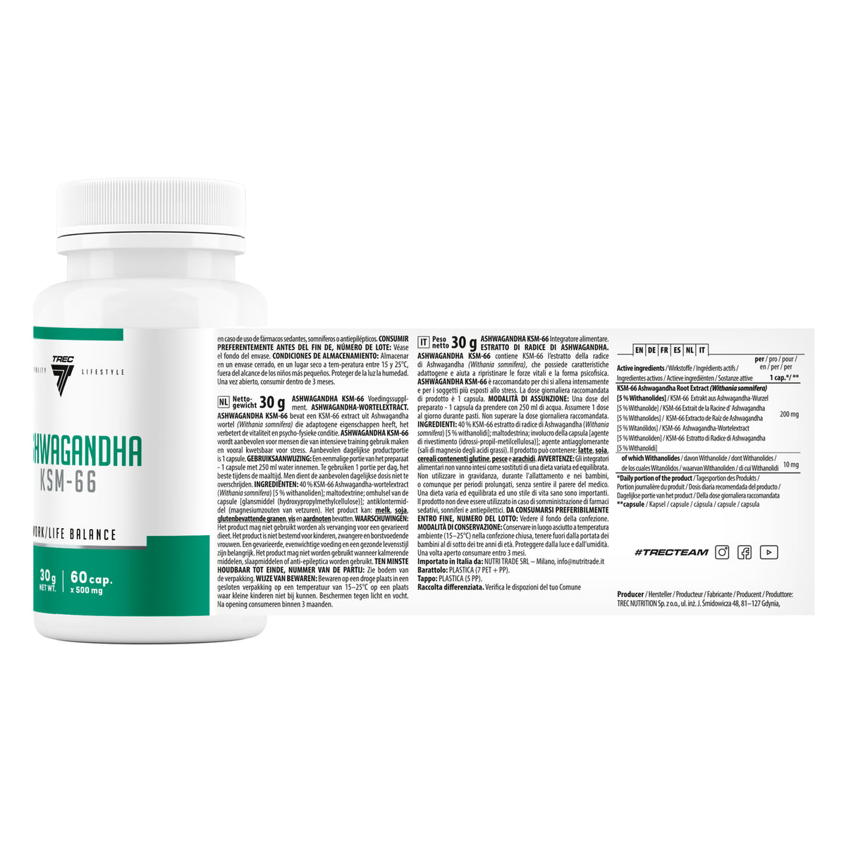 Ashwagandha KSM-66 Trec 60 cápsulas | Extracto de Withania