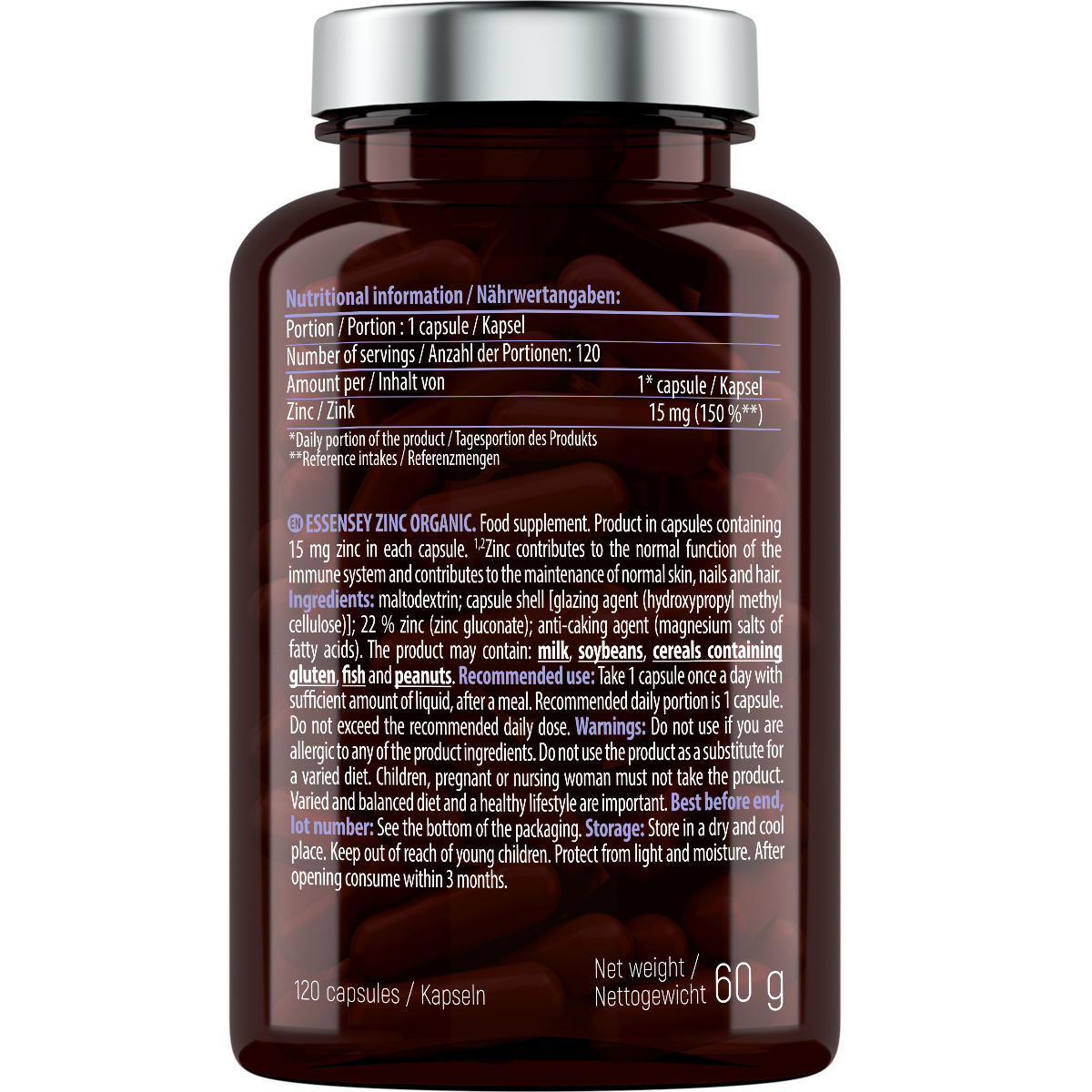 Zinc Organic Essensey 120 cápsulas | Zinc orgánico