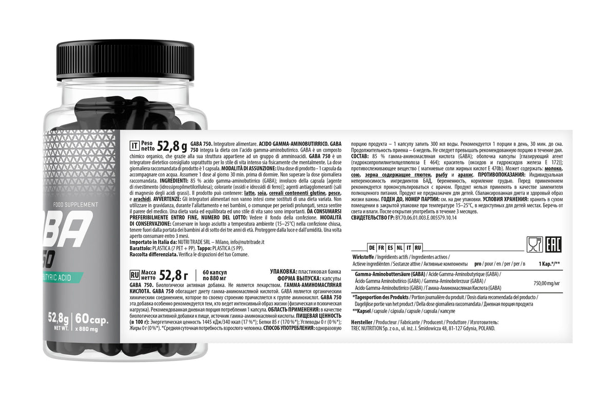GABA 750 Trec 60 Cápsulas | Ácido Gamma-Aminobutírico