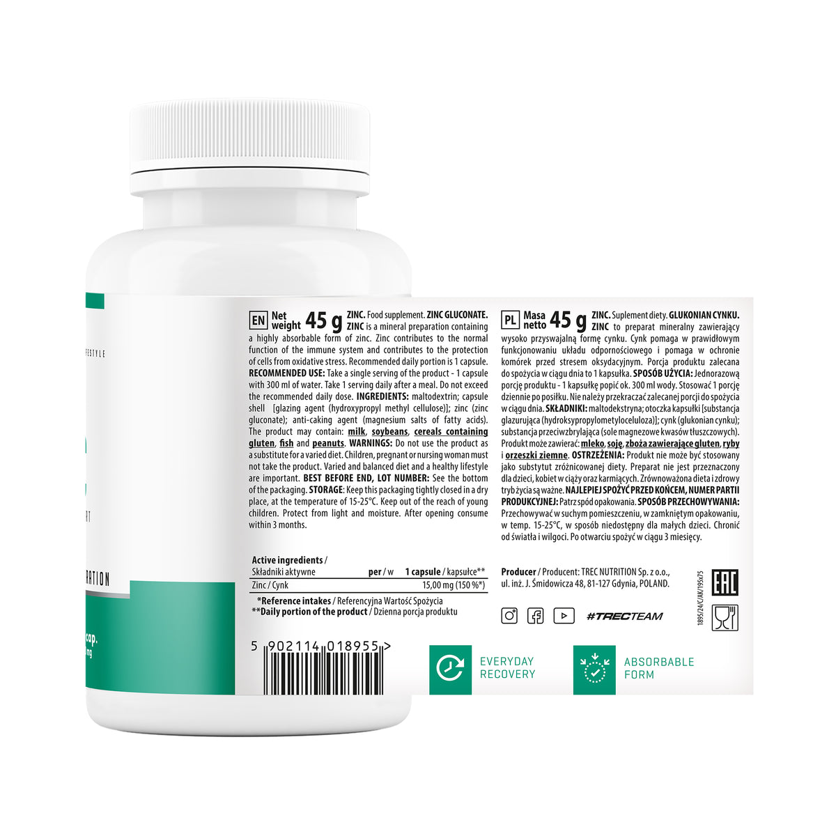 Zinc Trec 90 cápsulas | Micronutriente esencial