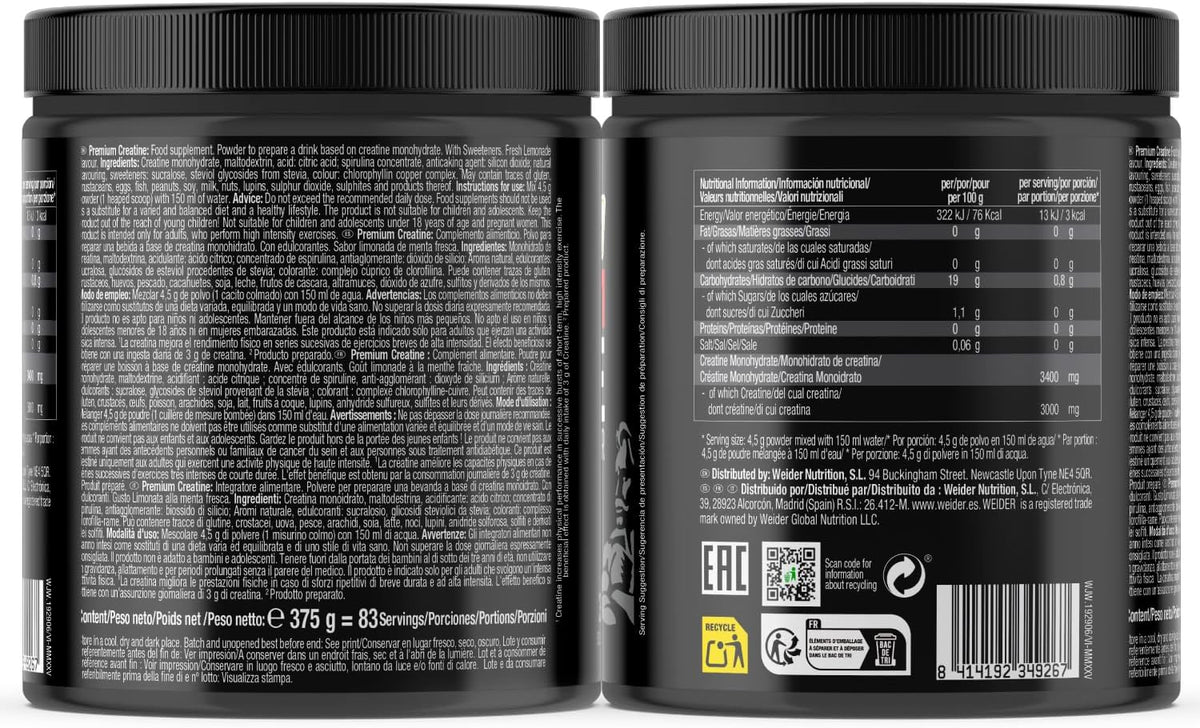 Weider Creatine Creapure 375 g | Creatina en Polvo Sabores