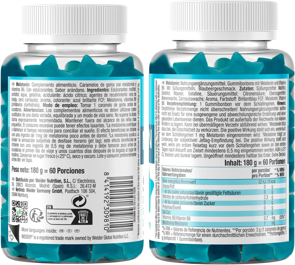 Weider Melatonina Gummies Fresa y Arándanos | 60 Gominolas