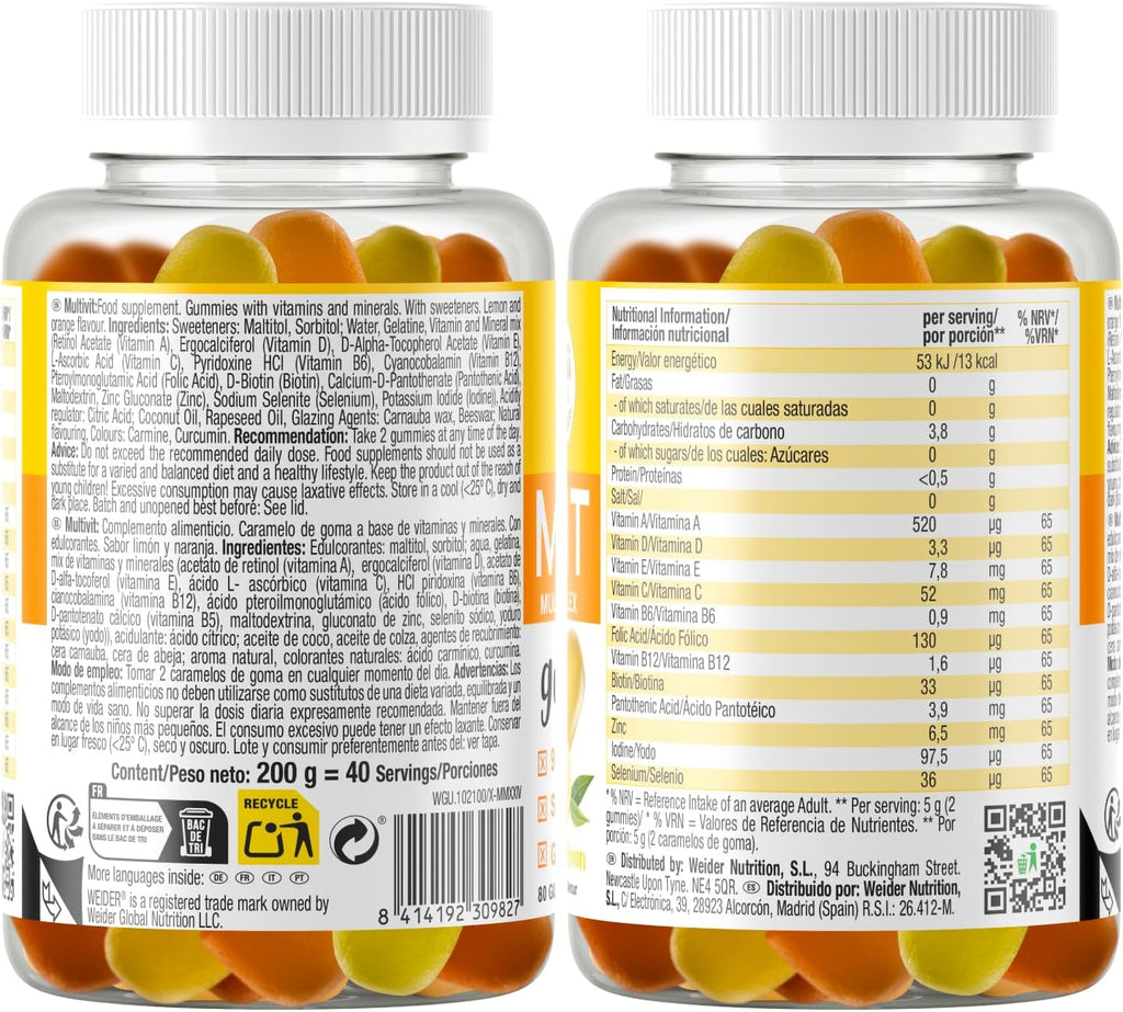 Weider Multivit Gummies Naranja-Limón | 80 Gominolas