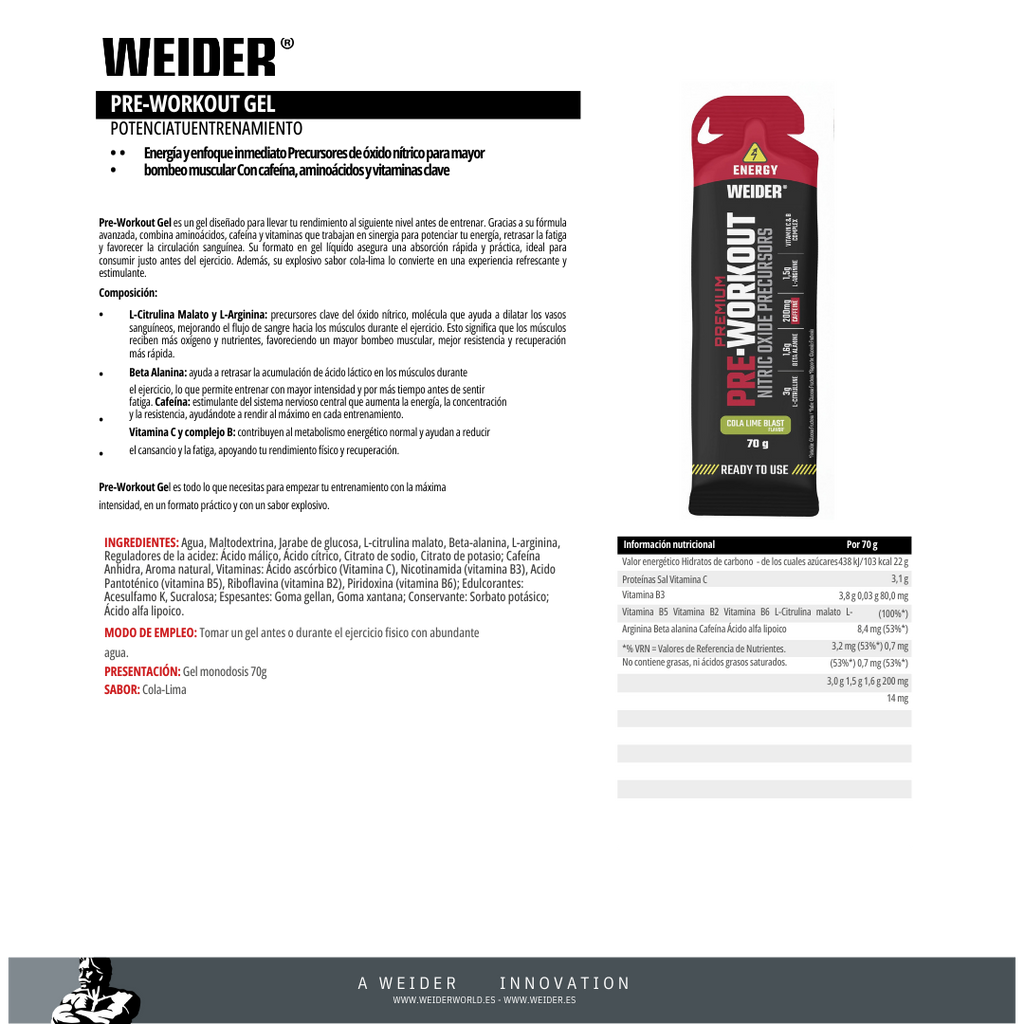 Weider Gel Pre Workout 70 g | Gel Energético Pre-Entrenamiento