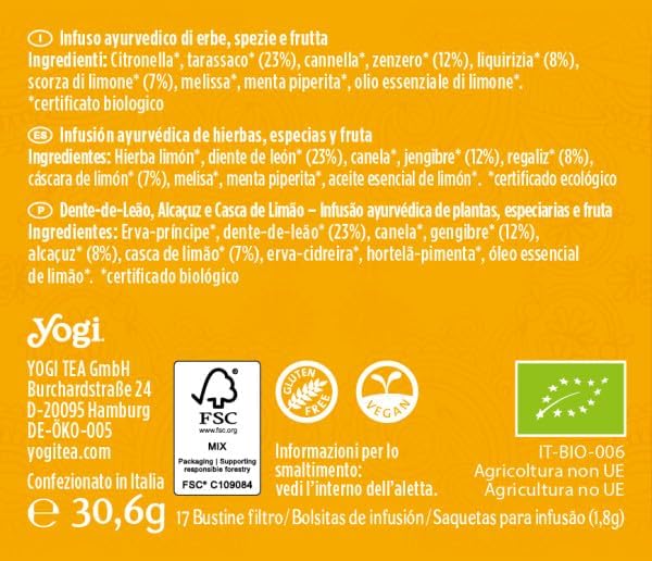 Yogi Tea Detox Limón 30,6g | 17 Bolsitas de Infusión