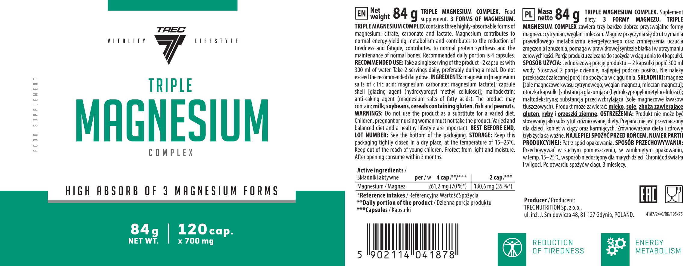 Triple Magnesium Trec 120 cápsulas | Complejo de Magnesio - Imagen 3