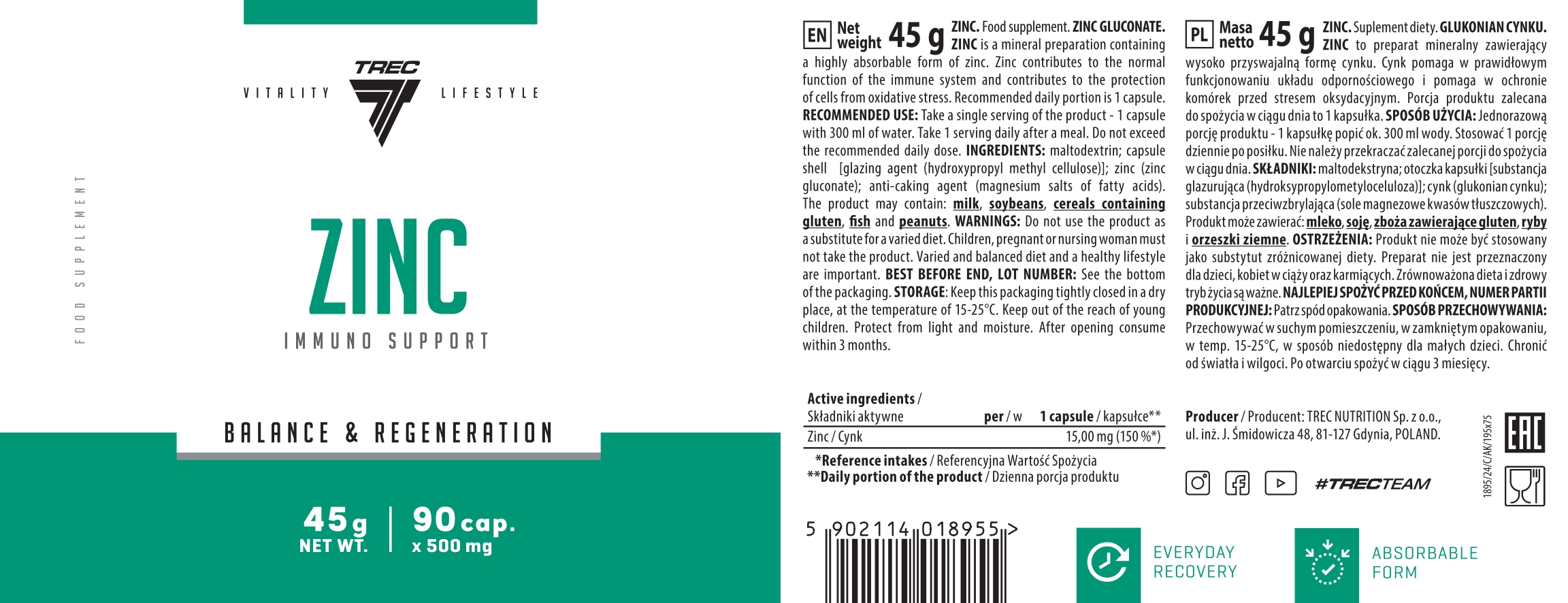 Zinc Trec 90 cápsulas | Micronutriente esencial - Imagen 3