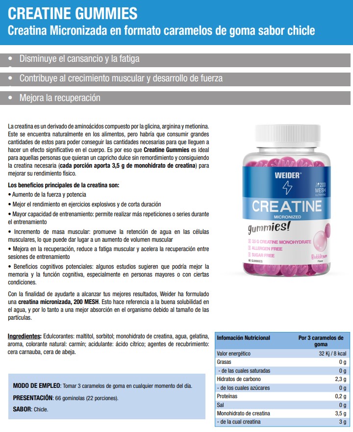 Weider Creatine Gummies 200 Mesh Chicle | 66 Gominolas - Imagen 2